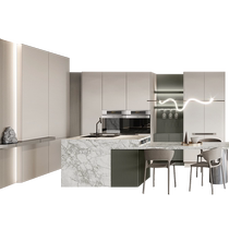 (I am happy with the cabinets) Customized kitchen cabinets and integrated cabinets customized green open stoves