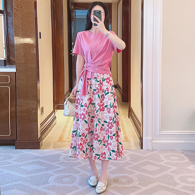 Fashion suit women 2023 summer new temperament T-shirt top chiffon floral skirt two-piece set waist display