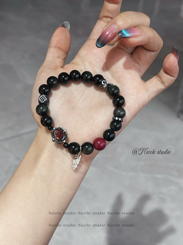 Nicole's Original Dark Style Obsidian Bracelet, Sterling Silver Feather, Unisex Crystal Bracelet