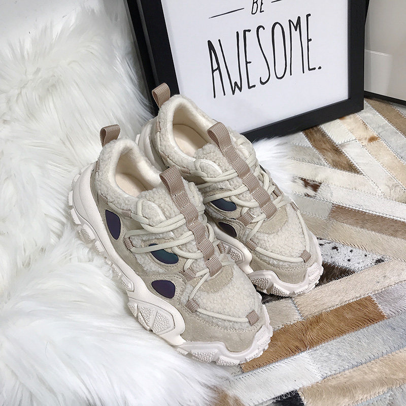 European station old shoes women's 2019 winter new thick bottom ins tide shoes net red lamb wool plus velvet cotton shoes sports