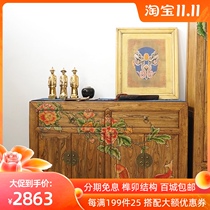 Chinese porch cabinet retro Elm furniture cabinet solid wood lockers new Chinese side cabinet middle ancient dining side cabinet hand painted