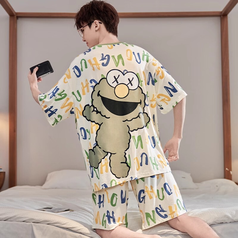 Modal Pajamas for Men, Summer Short-Sleeved Thin Ice Silk Men's Style, Teenagers, Junior High School Students, Older Children, Large Size Set