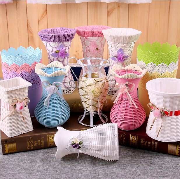 Fake flower rattan flower basket decoration plastic flower pot living room flower arrangement woven vase straw weaving decoration dry flower flower basket wall hanging