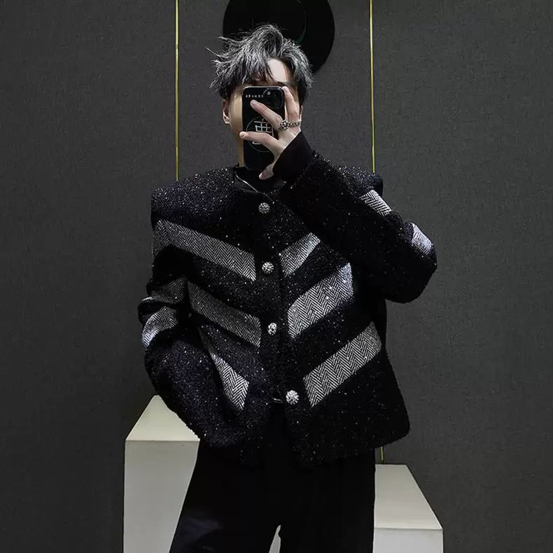 Autumn and Winter Fashionable Chanel-Style Sequin Design Jacket for Men, Trendy Niche Light Luxury Short Padded Shoulder Loose Coat