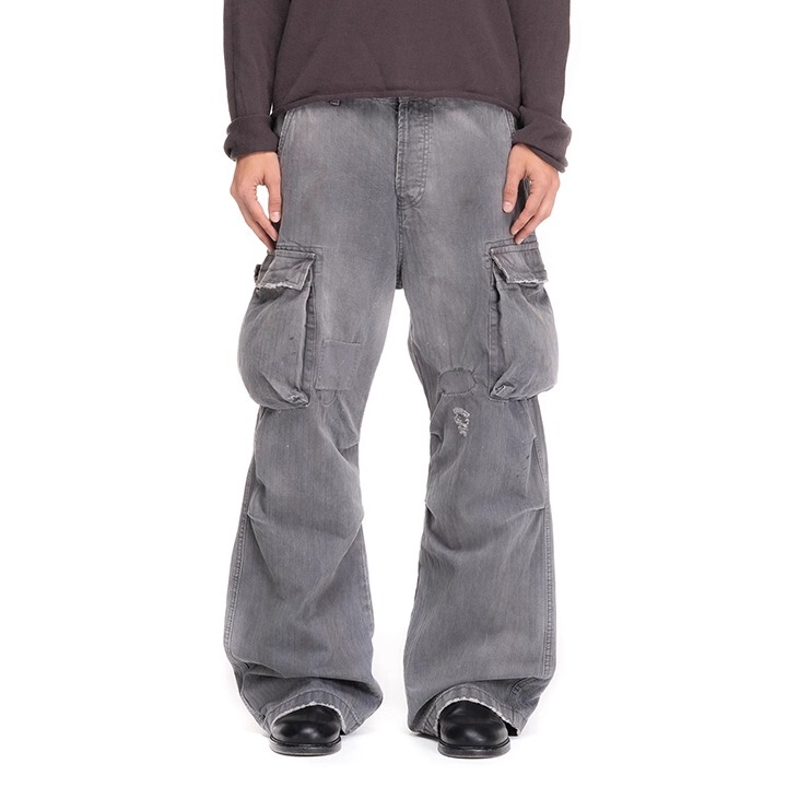 No Faith Studios Gray Frayed Patch Pocket Cargo Pants Wide-Leg Baggy Trousers