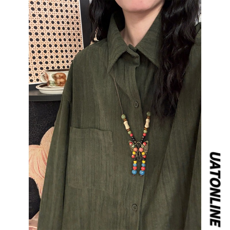 Uatonline Autumn Japanese Retro Trendy Brand Loose Casual Simple Versatile Corduroy Long-Sleeve Shirt Top