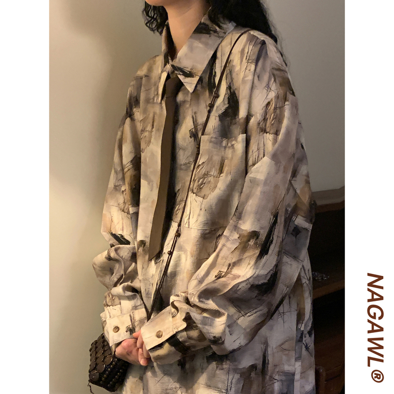 Naga LAOSHU 2026 Spring and Autumn Retro Chinese Style Shirt for Men and Women Ink Graffiti Print Casual Long Sleeve Shirt Top