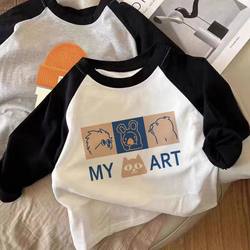 Pure Cotton Kidsren's Long-Sleeved T-Shirt Spring & Fall New Style Cartoon Contrasting Sleeve Tops for Boys and Girls, Small and Medium-Sized Kidsren's Baby Bottoming Shirts