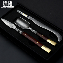 Jinge Damascus tea knife set pure copper tea spoon stainless steel tea clip handmade Puer tea set for household