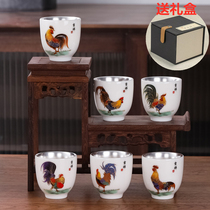 999 sterling silver teacup Master cup Single cup Rooster tea cup Silver tea cup Kung Fu tea bowl Handmade hand-painted silver cup