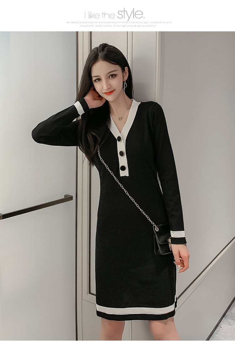 VK旗艦店 韓國風V領針織拚色長袖洋裝