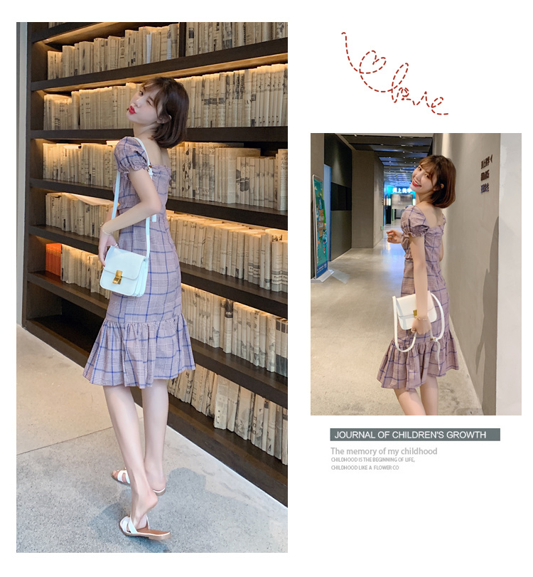 DABI 韓系格紋一字領露肩荷葉邊魚尾短袖洋裝 DABI 韓系格紋一字領露肩荷葉邊魚尾短袖洋裝