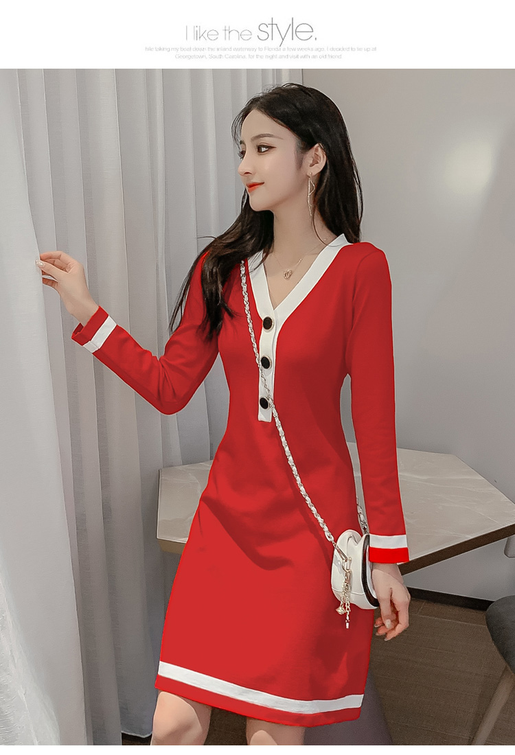 VK旗艦店 韓國風V領針織拚色長袖洋裝