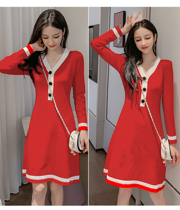 VK旗艦店 韓國風V領針織拚色長袖洋裝