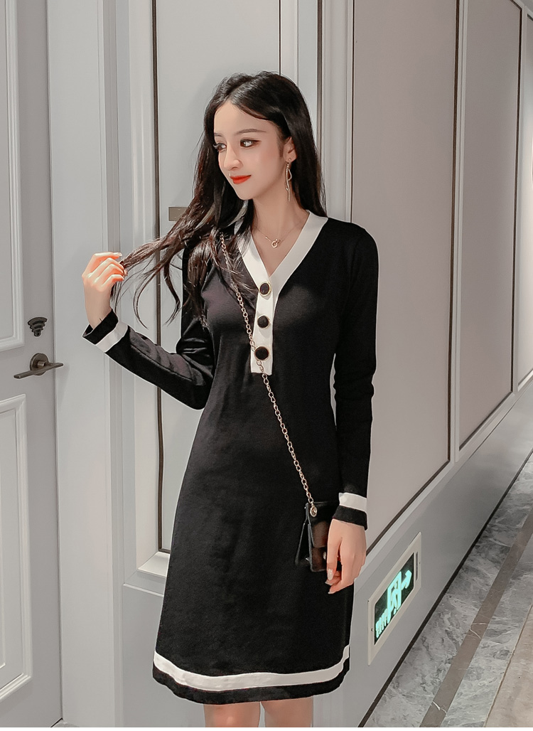 VK旗艦店 韓國風V領針織拚色長袖洋裝