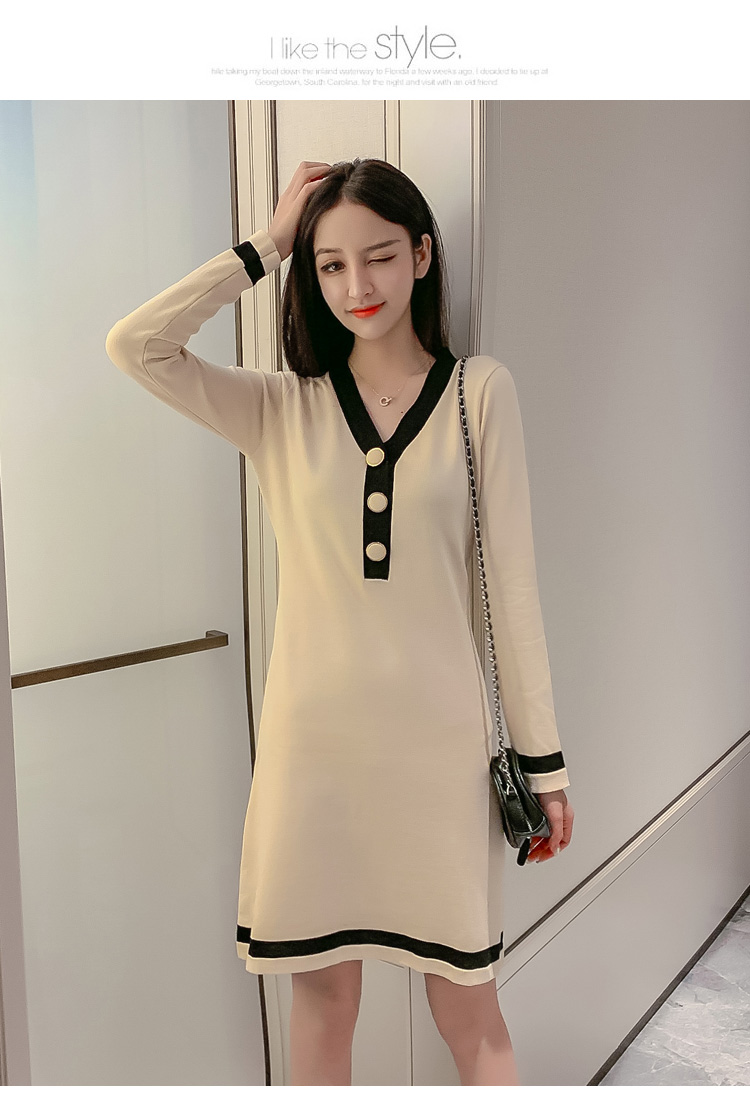 VK旗艦店 韓國風V領針織拚色長袖洋裝