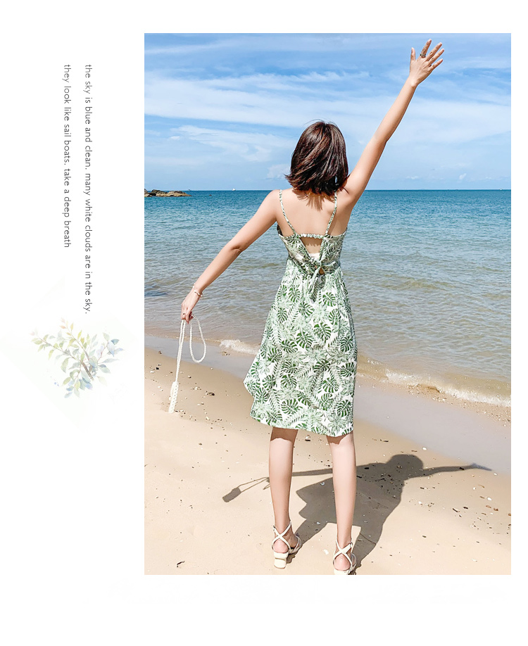 VK旗艦店 韓系樹葉印花v領露背細肩帶配發帶無袖洋裝