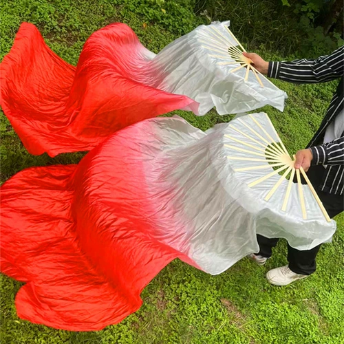 Веер для танцев кои, веер из шелковой оперы, длинный веер с ярко-красным градиентом, красный веер для танцев, длинный шелковый веер для классического танца