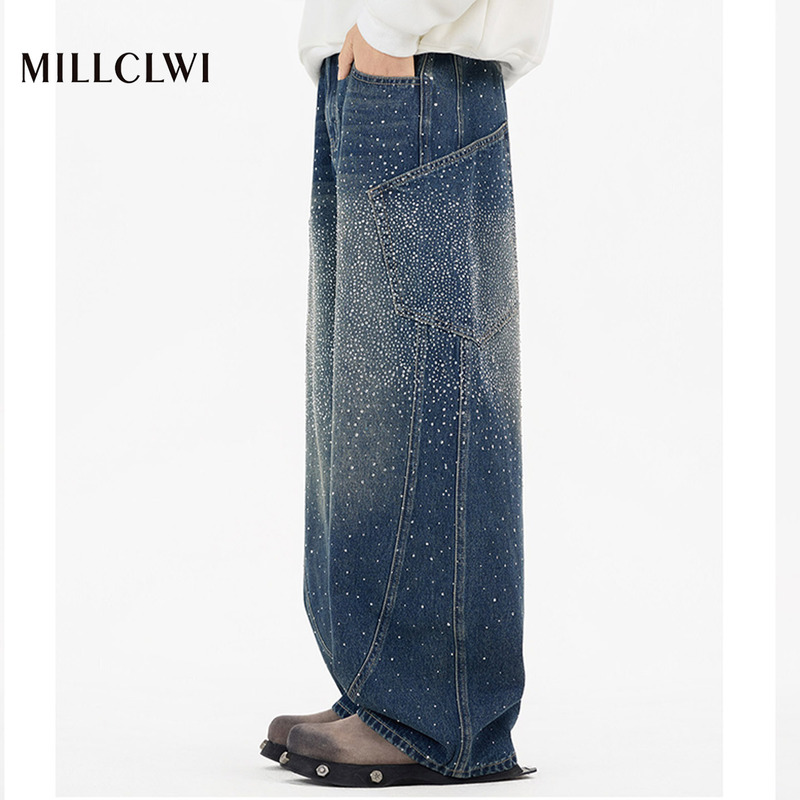 Hong Kong Trendy Brand Ripped Patchwork Rhinestone Jeans for Men, Vintage-Style Loose Wide-Leg High Street Long Pants, Curved Pants