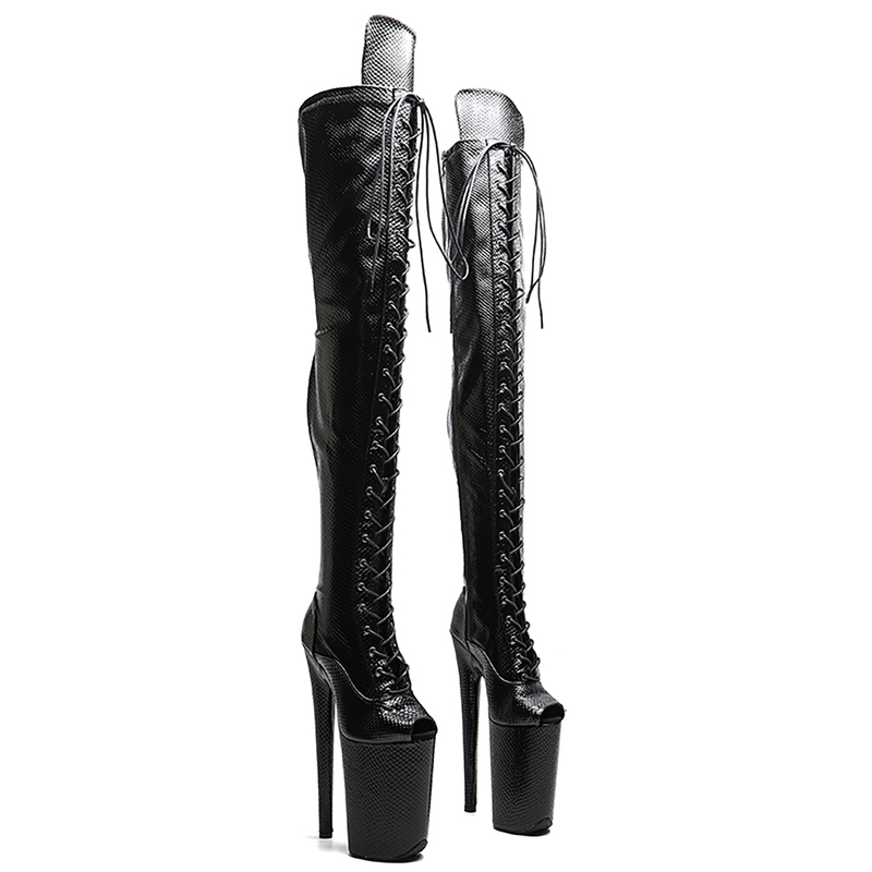 Leecabe New 23cm Snake Print High Heels ins Hot-Selling Small Peep-Toe Pole Dancing Extended Tongue Over-The-Knee Boots 5B