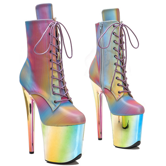 Leecabe 20CM细跟欧美时装高跟鞋性感钢管舞高跟靴短筒彩虹女靴3D