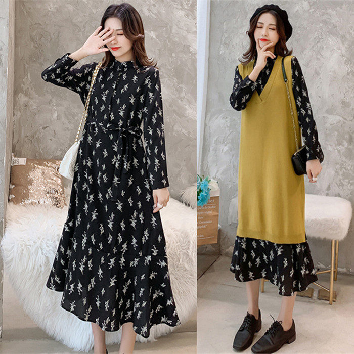 Pregnant woman autumn dress foreign dress 2021 new fashion Tidal Moms Blouses Mid pregnant women's skirts Long sleeves Two sets