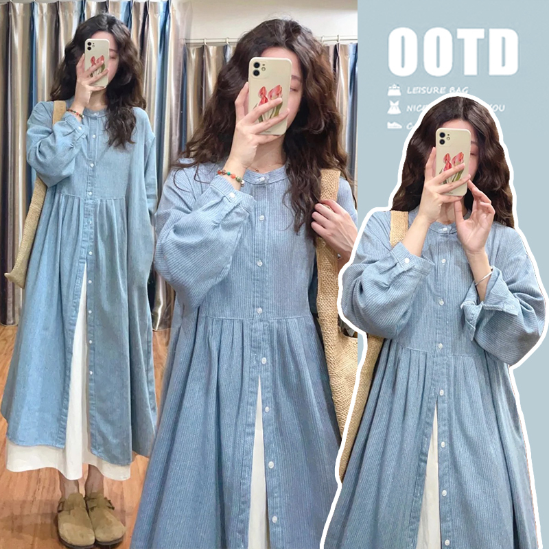 Maternity Wear 2026 Spring New Long-Sleeved Shirt Dress Mid-Length Slimming A-Line Dress + Skirt Two-Piece Set