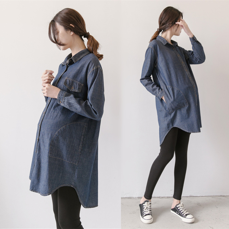 Pregnant women dress autumn cowboy tops Han edition loose long - range 2023 spring and autumn fashion blouse shirt tide