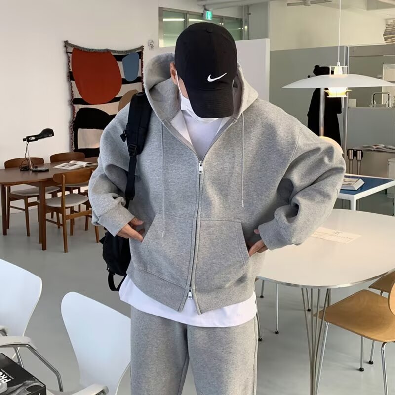 American West Coast Heavy Cotton Hooded Sweatshirt for Men, High-End Double-Zip Cardigan Jacket, Oversized Layered Hoodie