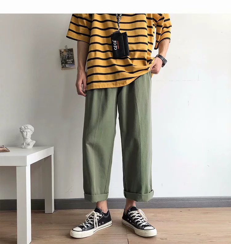 quần trong quần lửng ống rộng kiểu Hồng Kông rắn màu dọc chân rộng quần hip-hop sinh viên quần yếm - Quần mỏng