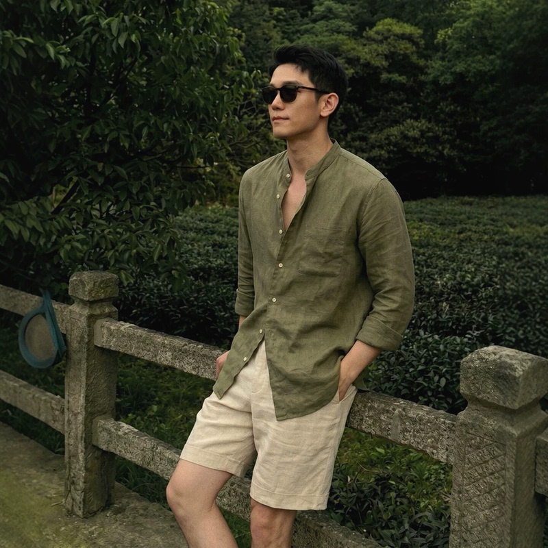 Military Green Stand-Up Collar Cotton and Linen Shirt for Men, Old Money Style, Slim Fit, Long Sleeve, Single Pocket, Sun Protection Cardigan, Tencel Linen Shirt