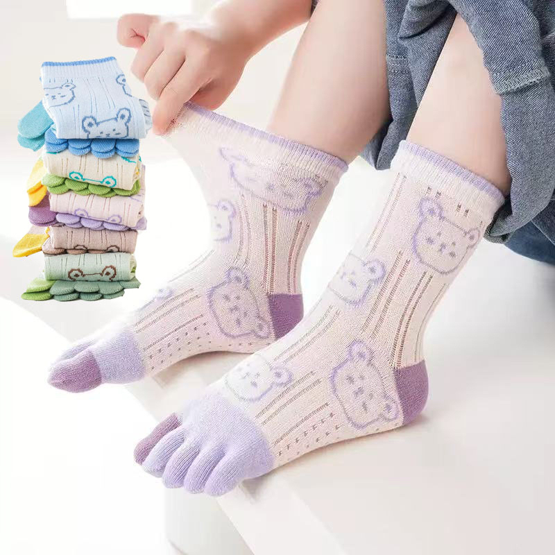 New Summer Thin Mesh Children's Five-Toe Socks, Pure Cotton, Seamless, Mid-Tube, Unisex Baby Cartoon Toe Correction Socks