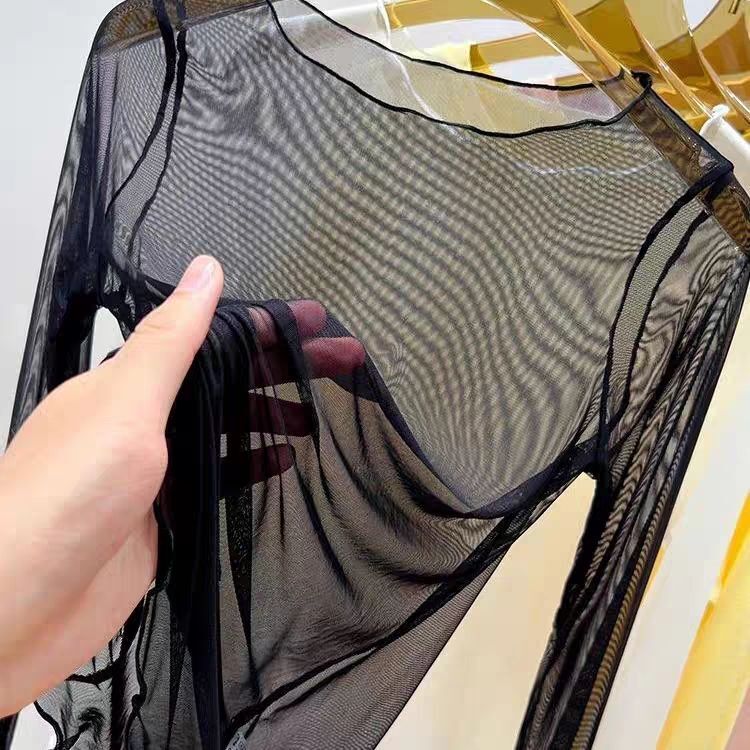Plus Size 150kg Mesh Base Shirt for Women, Summer Transparent Inner Layer, Loose Sun Protection T-Shirt, Long Sleeve Top