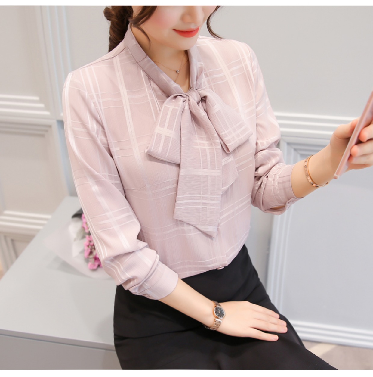 Áo mới mùa thu 2018 áo thun dáng dài tay voan nữ sơ mi chạm đáy áo sơ mi các kiểu áo sơ mi sọc nữ đẹp