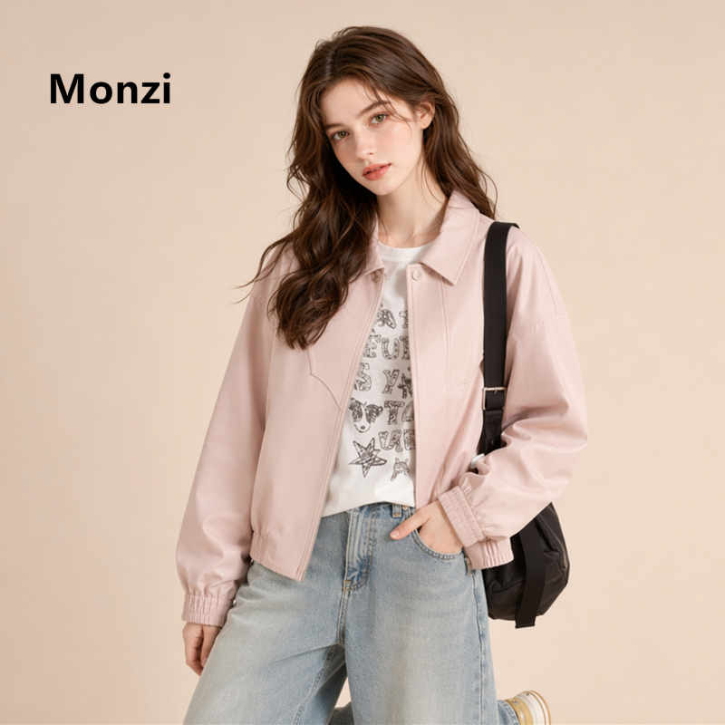 Monzi Pink Short Leather Jacket for Women, Autumn Loose Casual Style with Turn-Down Collar and Zipper, Suitable for Petite Figures, Age-Reducing Casual Outerwear Monzi Pink Short Leather Jacket for Women, Autumn Loose Casual Style with Turn-Down Collar and Zipper, Suitable for Petite Figures, Age-Reducing Casual Outerwear
