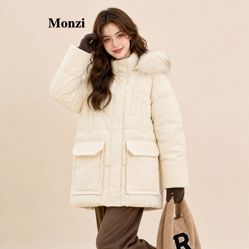 Monzi Off-White Korean-Style Large Fur Collar Hooded White Duck down Jacket for Women, New Winter Model, Super Stylish Thick Coat Monzi Off-White Korean-Style Large Fur Collar Hooded White Duck down Jacket for Women, New Winter Model, Super Stylish Thick Coat