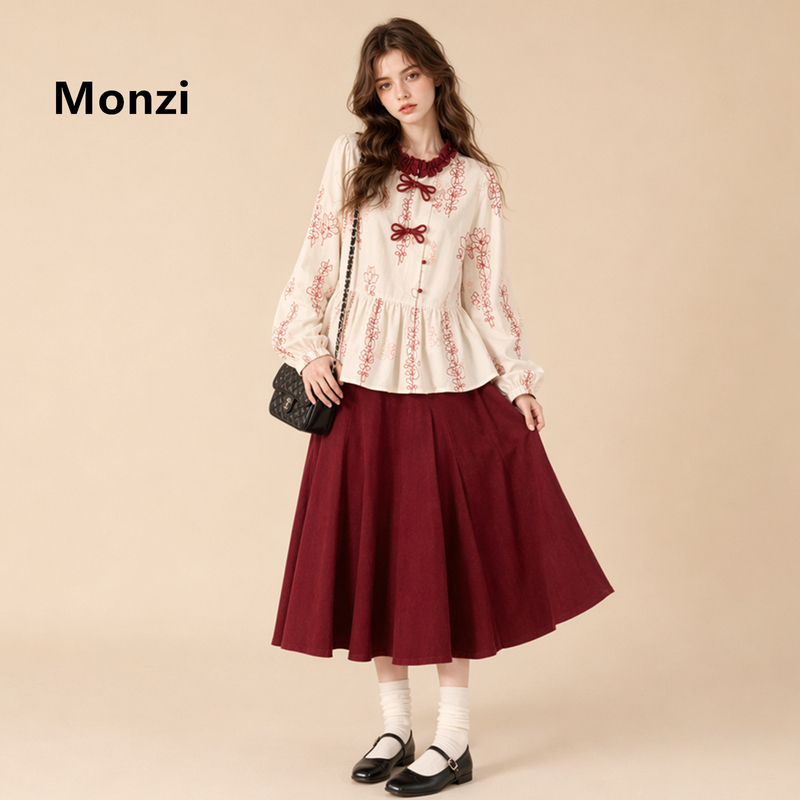 Monzi New Chinese-Style Embroidered Bow Shirt and Skirt Two-Piece Set for Women, Early Spring and Autumn, Artistic Style, Slimming Suit
