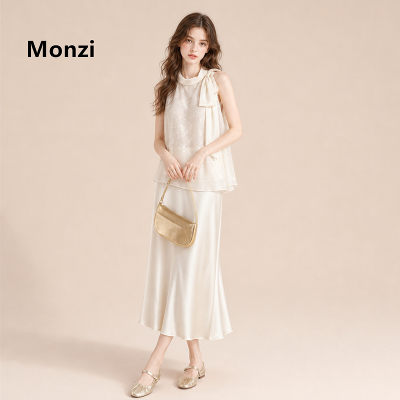 Monzi Off-White Light Luxury Elegant Style Halter Top and Drapey Skirt Set for Women, Summer Cool Two-Piece Set