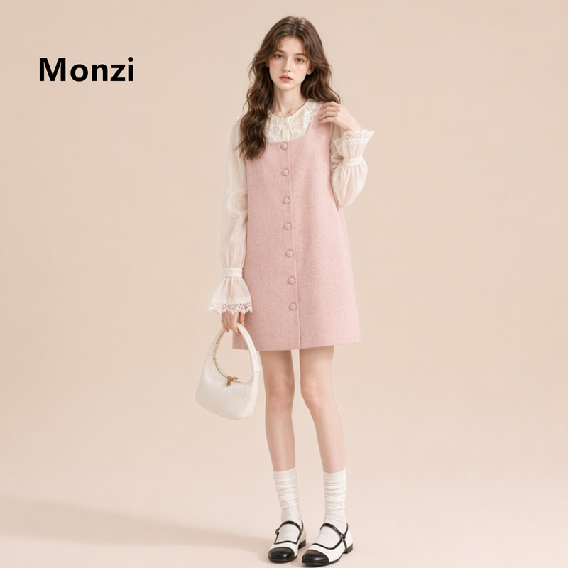 Monzi French Sweet Style Pink Vest Dress Two-Piece Set for Women Early Autumn New Lace Shirt A-Line Skirt Suit Monzi French Sweet Style Pink Vest Dress Two-Piece Set for Women Early Autumn New Lace Shirt A-Line Skirt Suit