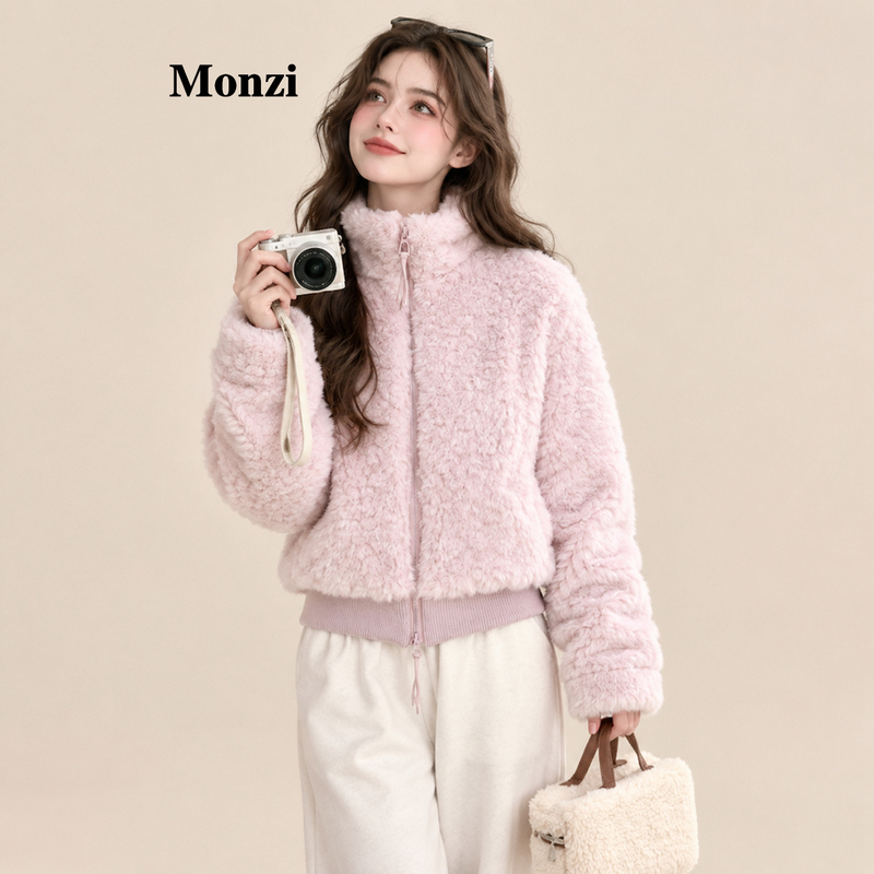 Monzi Pink Gentle Style Lamb Wool Short Coat for Women, New Winter Stand Collar, Thickened and Warm, Suitable for Petite Figures, Made of Shearling
