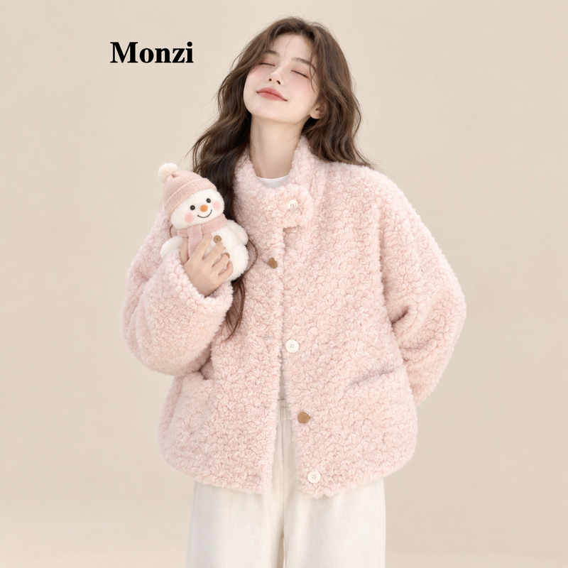 Monzi Pink Versatile Lamb Wool Short Coat for Women, Winter Slim-Fit Thickened Style for Petite Figures