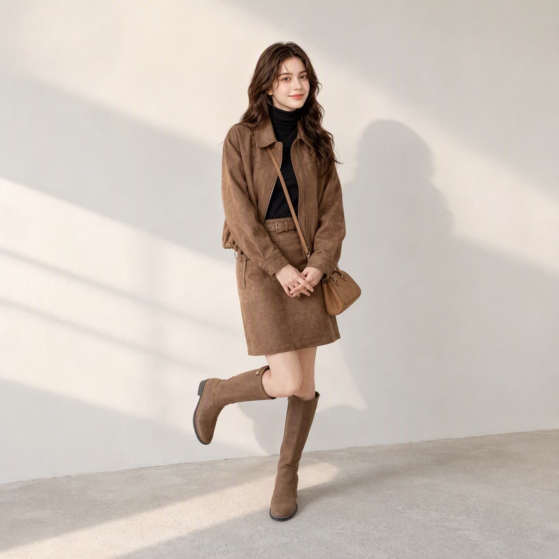 Monzi Melard Style Suede Lapel Jacket and Skirt Two-Piece Set for Women, Autumn High-End Age-Reducing Suit Monzi Melard Style Suede Lapel Jacket and Skirt Two-Piece Set for Women, Autumn High-End Age-Reducing Suit
