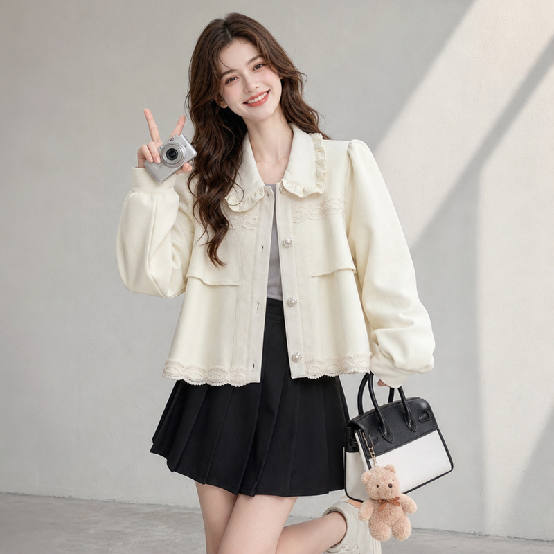 Monz Off-White I Gentle Korean Style Doll Collar Lace Patchwork Leather Jacket for Women Autumn Loose Age-Reducing Jacket Monz Off-White I Gentle Korean Style Doll Collar Lace Patchwork Leather Jacket for Women Autumn Loose Age-Reducing Jacket