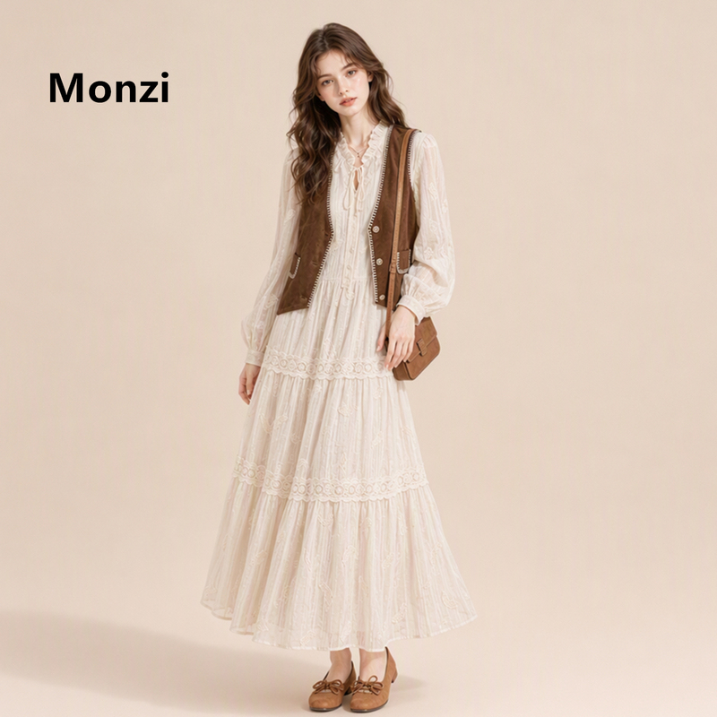 Monzi French Retro Style Long-Sleeved Embroidered Dress Two-Piece Set for Women Autum New High-Waisted Belted Long Skirt