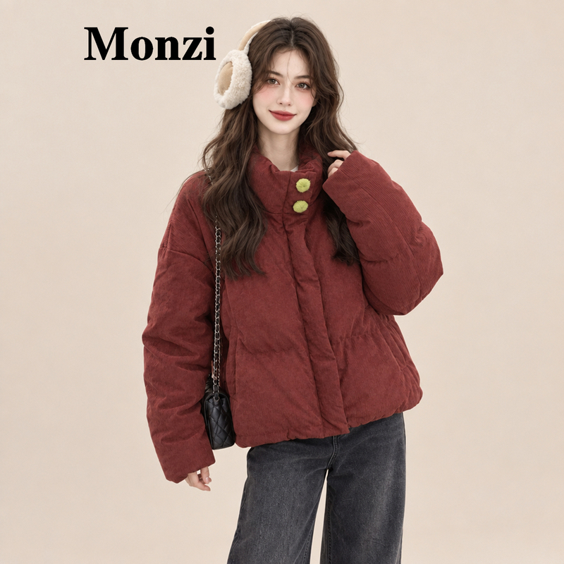 Monzi Red Retro Corduroy Short down Jacket for Women Winter New Stand Collar Loose Warm White Duck down Jacket