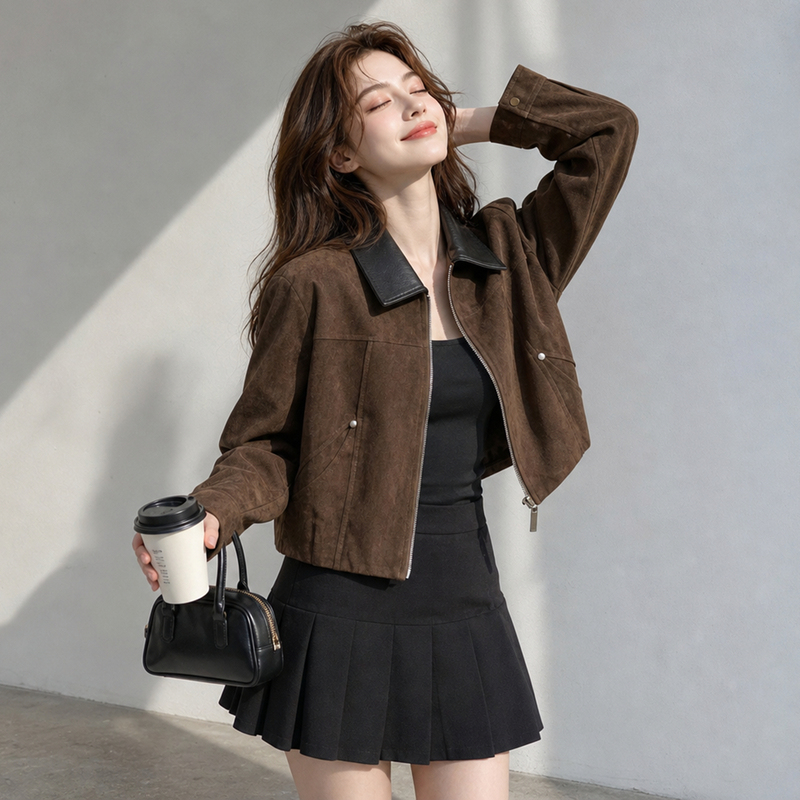 Monzi Dark Brown Retro Hong Kong Style Suede Lapel Short Jacket for Women, Autumn High-End Casual Jacket Top