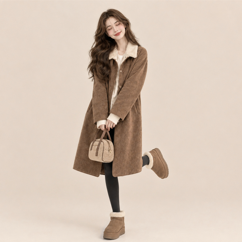 Monzi Mid-Length Suede Shearling Coat for Women, Winter Thickened Loose Cotton Coat