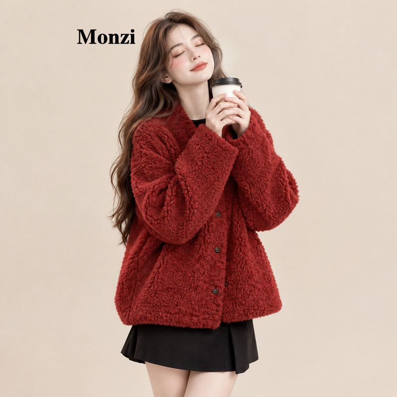 Monzi Christmas and New Year Festive Wedding Red Atmosphere Lamb Wool Coat for Women, Winter Petite Size, Fur Integrated