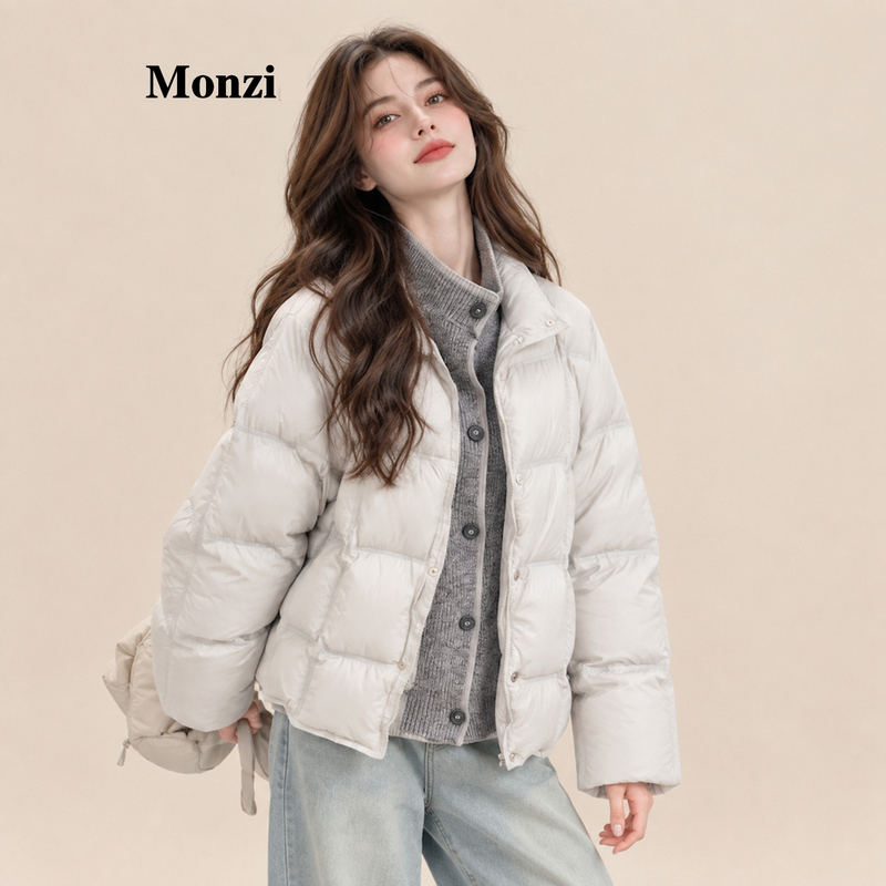 Monzi Gray Korean Style Slimming Faux Two-Piece Stand Collar White Duck down Jacket for Women, New Thickened Winter Coat for Petite Figures Monzi Gray Korean Style Slimming Faux Two-Piece Stand Collar White Duck down Jacket for Women, New Thickened Winter Coat for Petite Figures