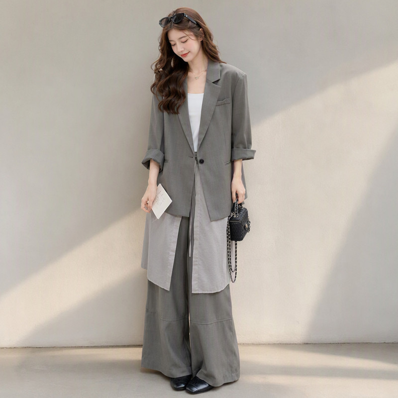 Monzi Gray Relaxed Style Blazer and Wide-Leg Pants Two-Piece Set for Women, New Autumn Korean Style Elegant Work Suit Monzi Gray Relaxed Style Blazer and Wide-Leg Pants Two-Piece Set for Women, New Autumn Korean Style Elegant Work Suit